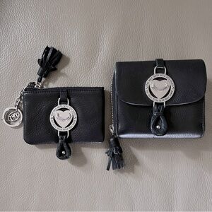 2pc JUICY COUTURE ZIP WALLET & COIN PURSE/KEY CHAIN BLACK LEATHER silver heart